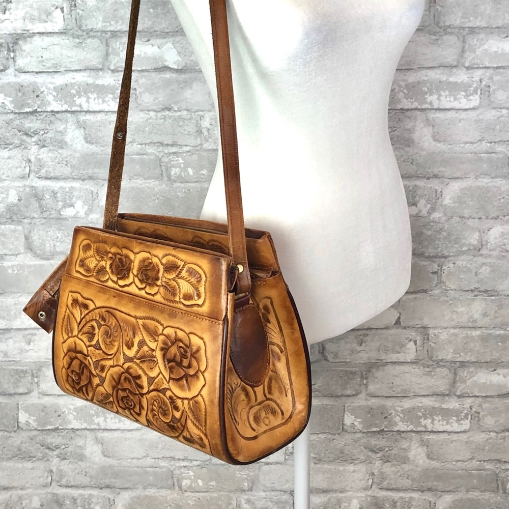 Boho Vintage Hand Tooled Leather Bag Satchel